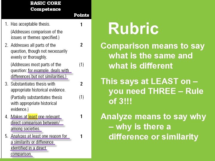 Rubric Comparison means to say what is the same and what is different This