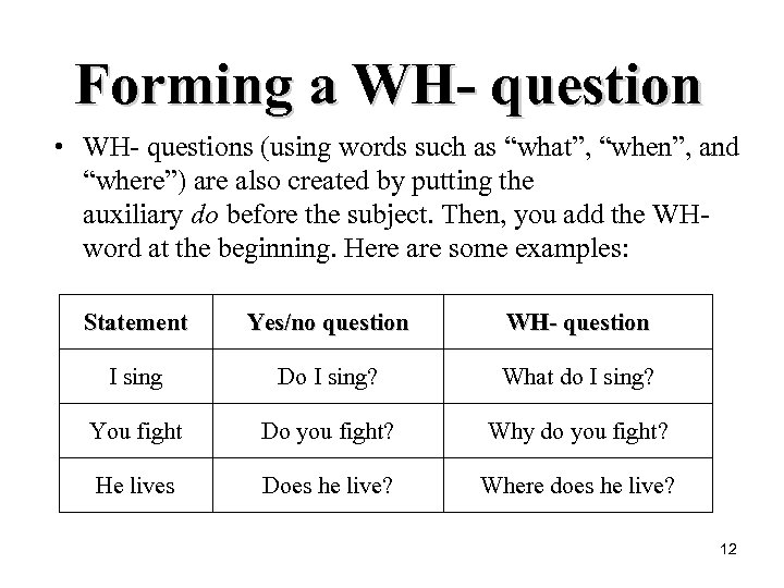 Forming a WH- question • WH- questions (using words such as “what”, “when”, and