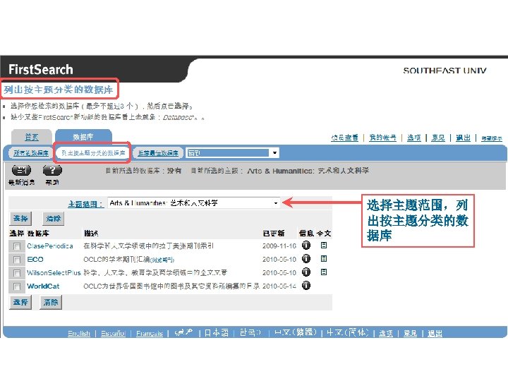 选择主题范围，列 出按主题分类的数 据库 