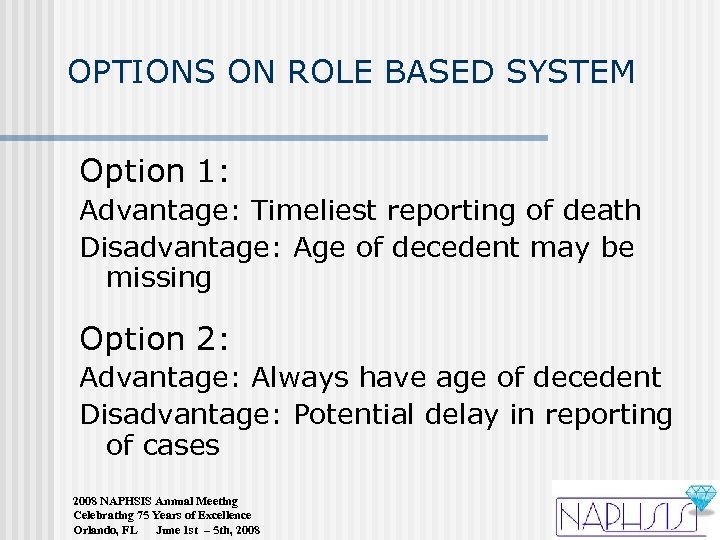 OPTIONS ON ROLE BASED SYSTEM Option 1: Advantage: Timeliest reporting of death Disadvantage: Age