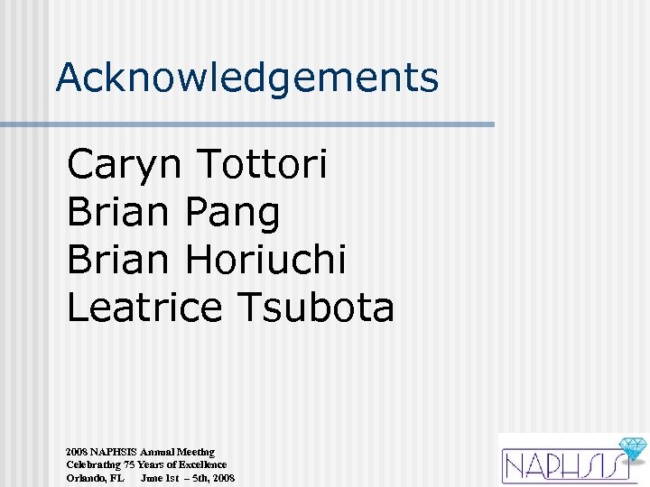 Acknowledgements Caryn Tottori Brian Pang Brian Horiuchi Leatrice Tsubota 2008 NAPHSIS Annual Meeting Celebrating