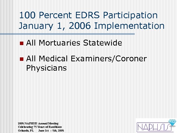 100 Percent EDRS Participation January 1, 2006 Implementation n All Mortuaries Statewide n All