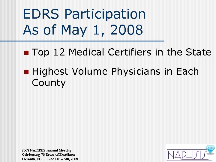 EDRS Participation As of May 1, 2008 n Top 12 Medical Certifiers in the