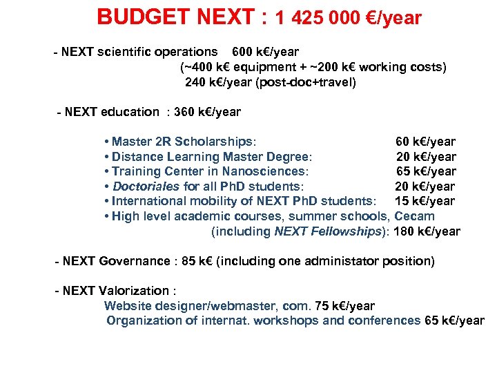 BUDGET NEXT : 1 425 000 €/year - NEXT scientific operations 600 k€/year (~400