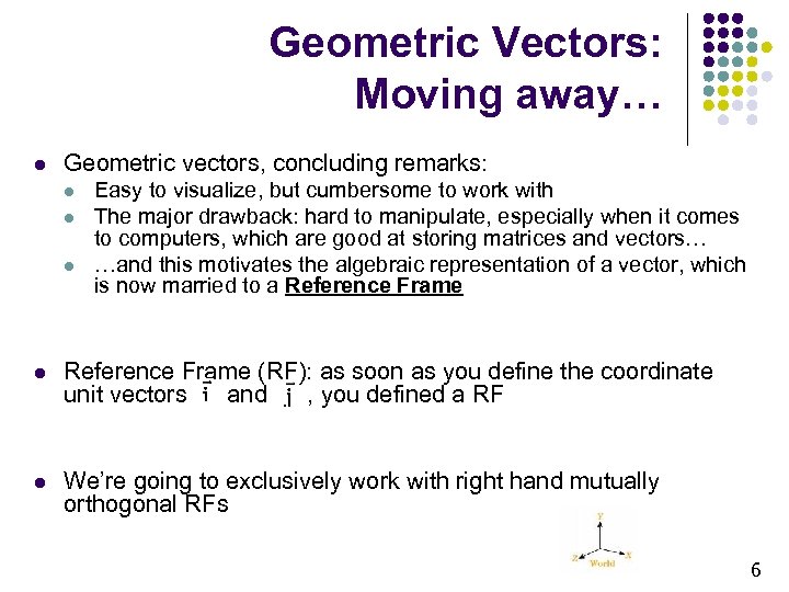 Geometric Vectors: Moving away… l Geometric vectors, concluding remarks: l l l Easy to