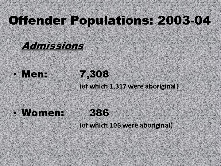 Offender Populations: 2003 -04 Admissions • Men: 7, 308 (of which 1, 317 were