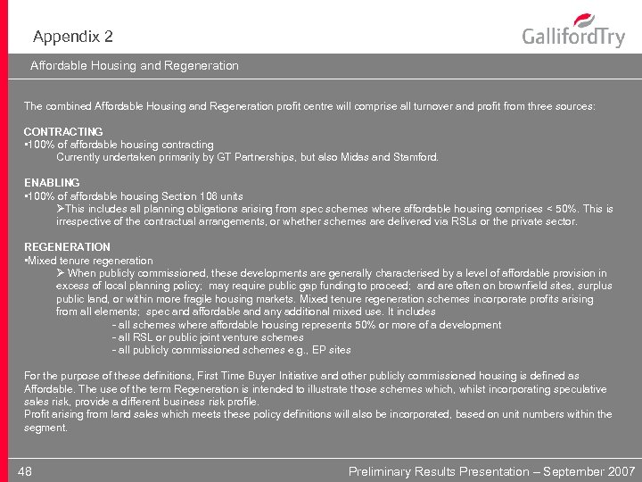 Appendix 2 Affordable Housing and Regeneration The combined Affordable Housing and Regeneration profit centre