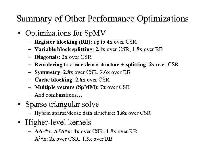 Summary of Other Performance Optimizations • Optimizations for Sp. MV – – – –