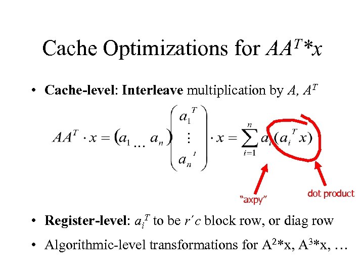 Cache Optimizations for T*x AA … … • Cache-level: Interleave multiplication by A, AT