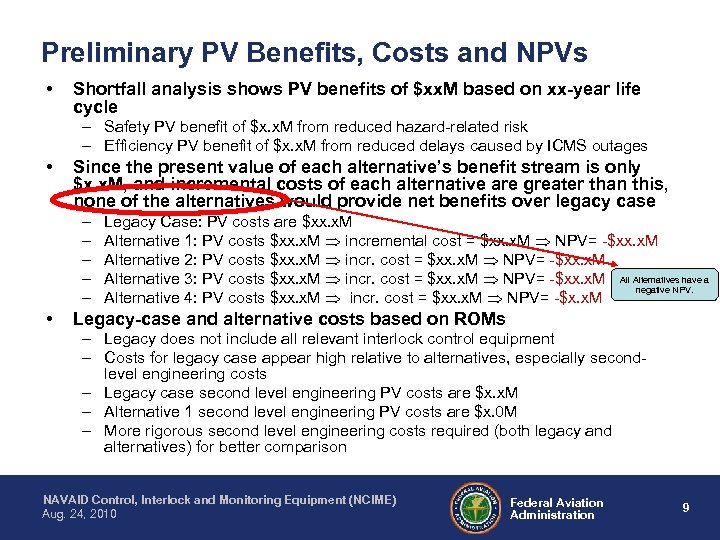 Preliminary PV Benefits, Costs and NPVs • Shortfall analysis shows PV benefits of $xx.