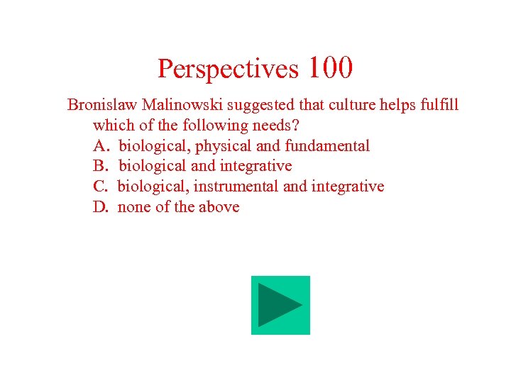Perspectives 100 Bronislaw Malinowski suggested that culture helps fulfill which of the following needs?