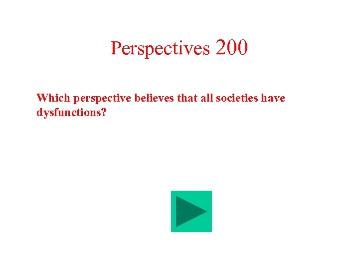 Perspectives 200 Which perspective believes that all societies have dysfunctions? 