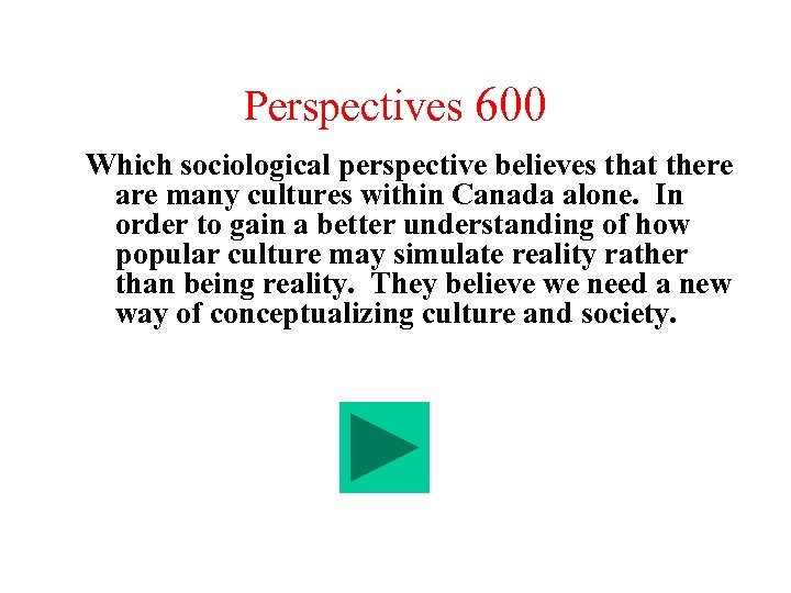 Perspectives 600 Which sociological perspective believes that there are many cultures within Canada alone.