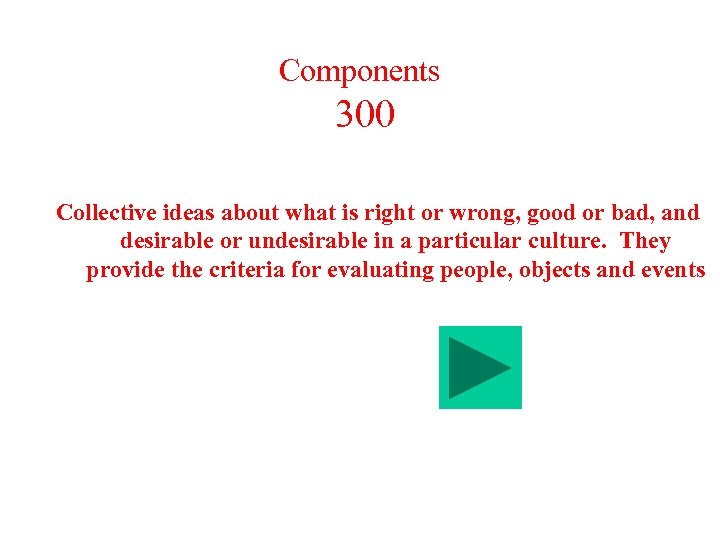 Components 300 Collective ideas about what is right or wrong, good or bad, and