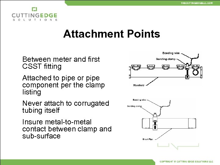 Attachment Points Between meter and first CSST fitting Attached to pipe or pipe component