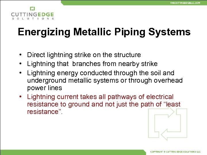 Energizing Metallic Piping Systems • Direct lightning strike on the structure • Lightning that