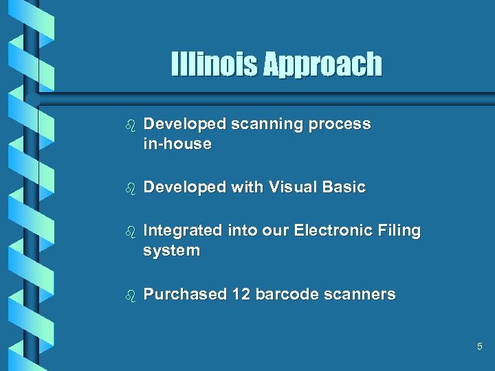 Illinois Approach b Developed scanning process in-house b Developed with Visual Basic b Integrated