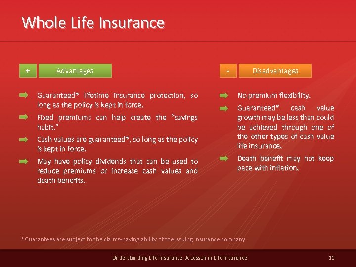 Whole Life Insurance + Advantages - Guaranteed* lifetime insurance protection, so long as the