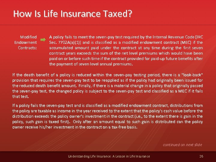 How Is Life Insurance Taxed? Modified Endowment Contracts: A policy fails to meet the
