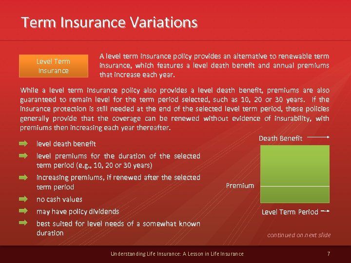 Term Insurance Variations Level Term Insurance A level term insurance policy provides an alternative