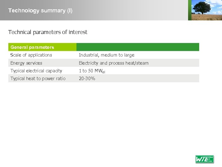 Technology summary (I) Technical parameters of interest General parameters Scale of applications Industrial, medium
