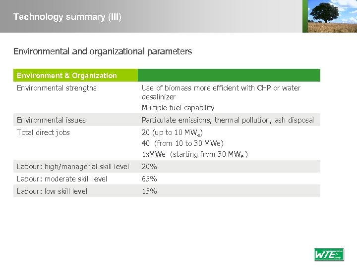 Technology summary (III) Environmental and organizational parameters Environment & Organization Environmental strengths Use of