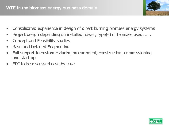 WTE in the biomass energy business domain • • • Consolidated experience in design
