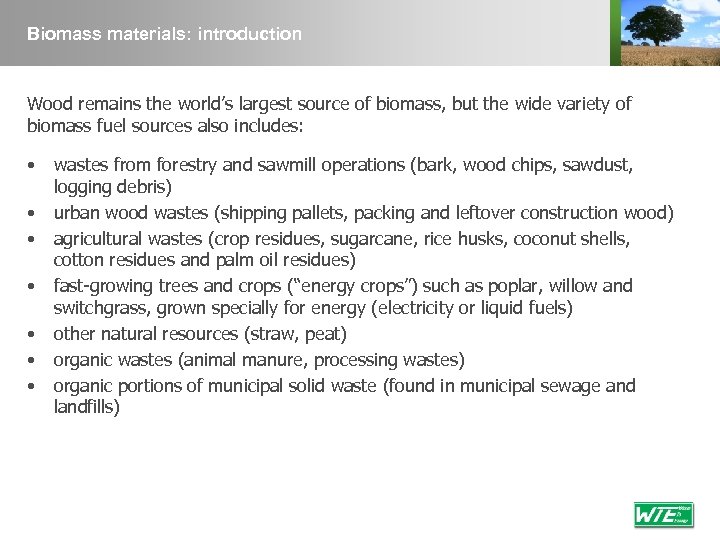 Biomass materials: introduction Wood remains the world’s largest source of biomass, but the wide