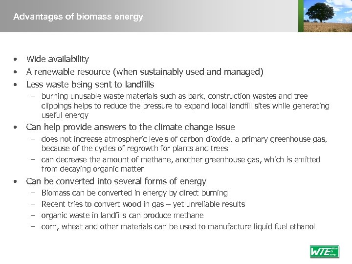 Advantages of biomass energy • • • Wide availability A renewable resource (when sustainably