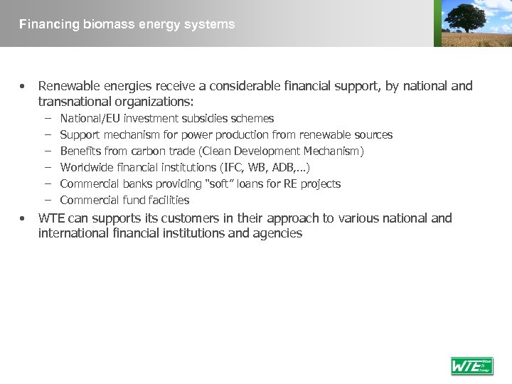 Financing biomass energy systems • Renewable energies receive a considerable financial support, by national