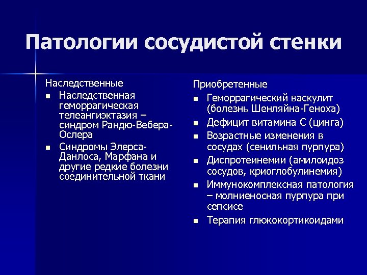 Патологии сосудистой стенки Наследственные n Наследственная геморрагическая телеангиэктазия – синдром Рандю-Вебера. Ослера n Синдромы