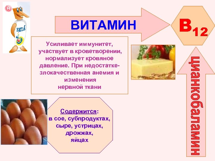 ВИТАМИН Усиливает иммунитет, участвует в кроветворении, нормализует кровяное давление. При недостаткезлокачественная анемия и изменения
