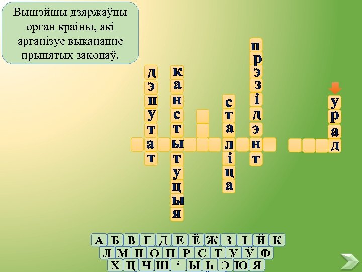 Вышэйшы дзяржаўны орган краіны, які арганізуе выкананне прынятых законаў. д к э а п