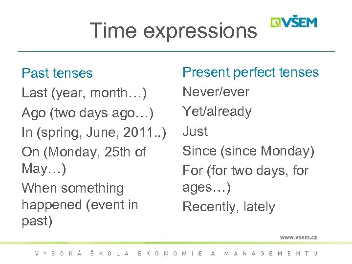 Time expressions Past tenses Last (year, month…) Ago (two days ago…) In (spring, June,