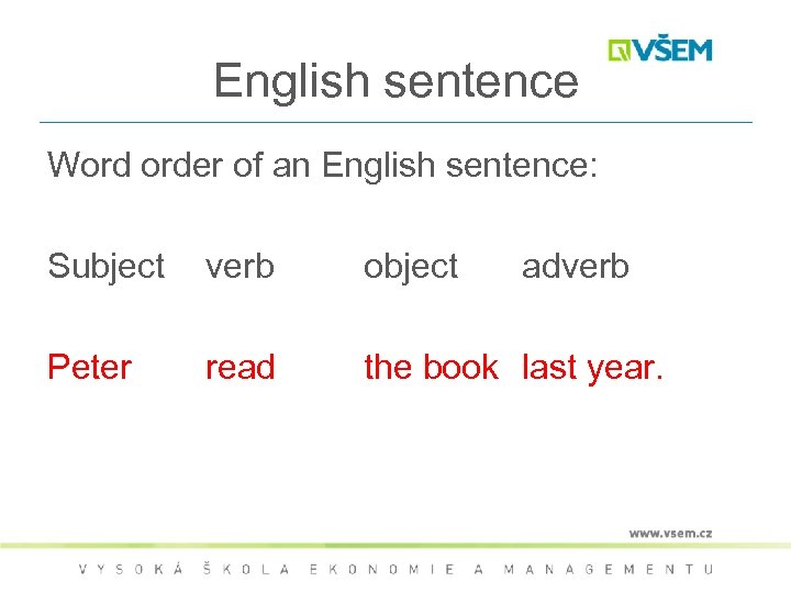 English sentence Word order of an English sentence: Subject verb object adverb Peter read