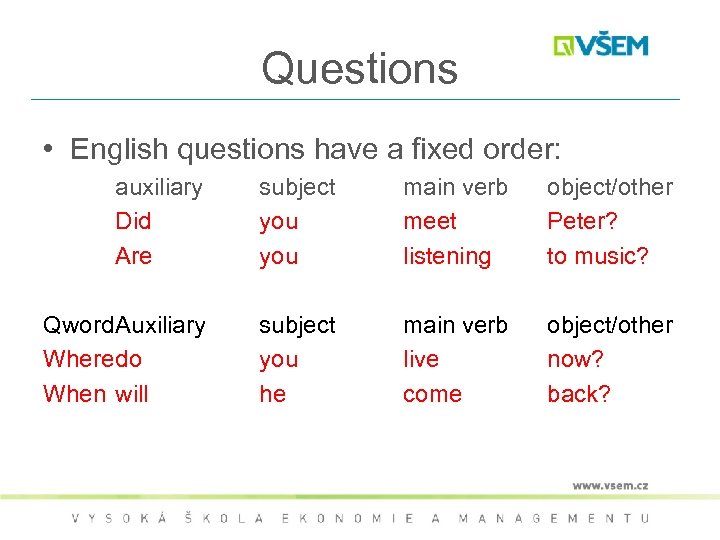 Questions • English questions have a fixed order: auxiliary Did Are subject you main