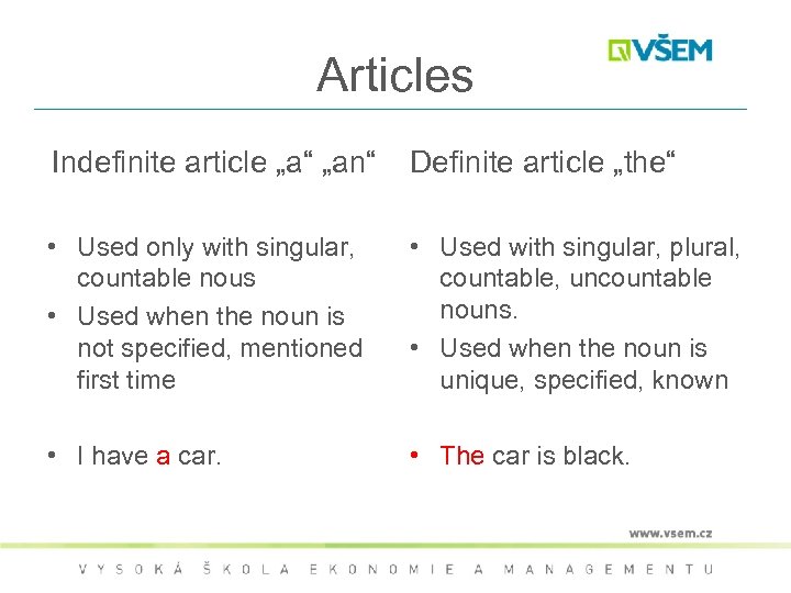 Articles Indefinite article „a“ „an“ Definite article „the“ • Used only with singular, countable