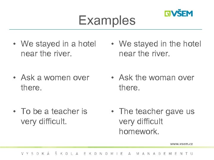 Examples • We stayed in a hotel near the river. • We stayed in