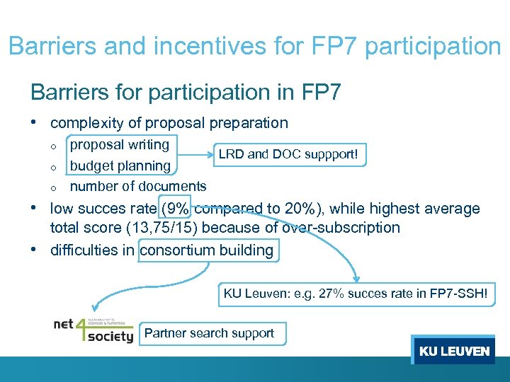 Barriers and incentives for FP 7 participation Barriers for participation in FP 7 •