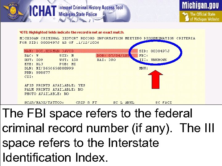 The FBI space refers to the federal criminal record number (if any). The III