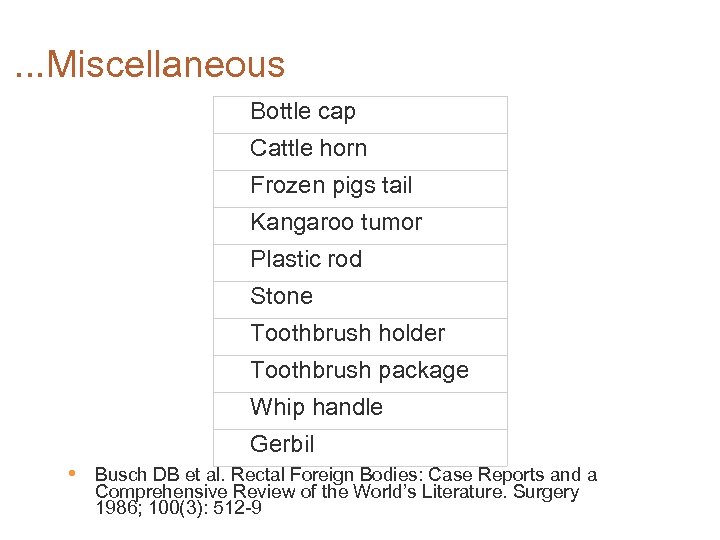 . . . Miscellaneous Bottle cap Cattle horn Frozen pigs tail Kangaroo tumor Plastic