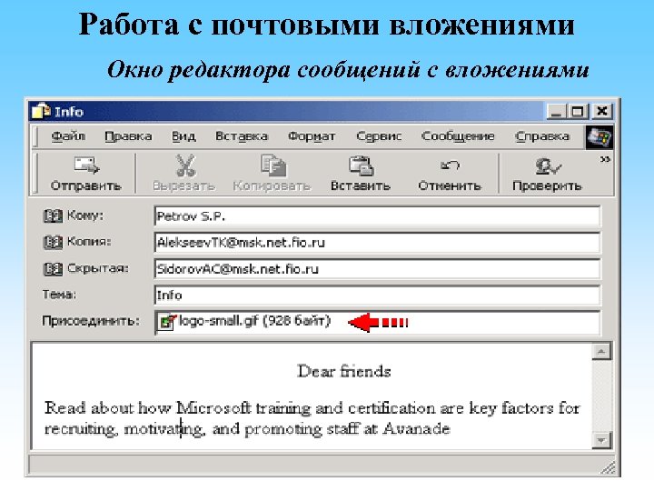 Работа с почтовыми вложениями Окно редактора сообщений с вложениями 