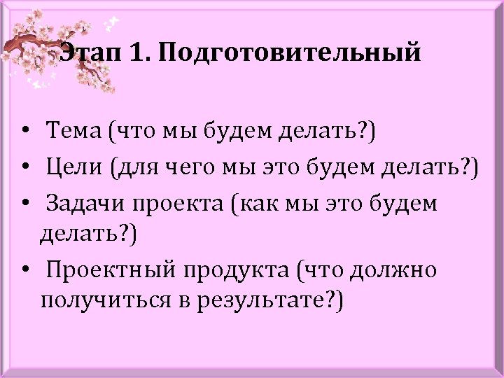 Этап 1. Подготовительный • Тема (что мы будем делать? ) • Цели (для чего