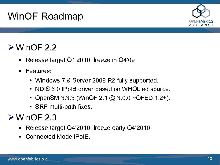Win. OF Roadmap Ø Win. OF 2. 2 § Release target Q 1’ 2010,