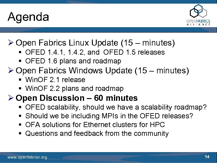 Agenda Ø Open Fabrics Linux Update (15 – minutes) § OFED 1. 4. 1,
