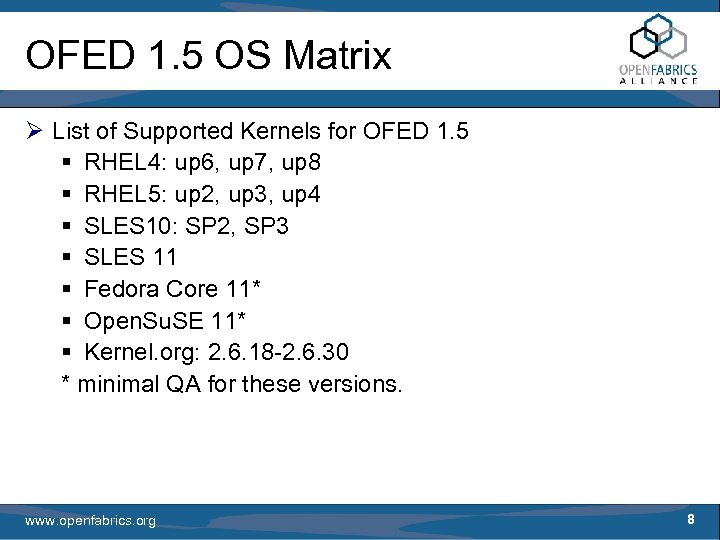 OFED 1. 5 OS Matrix Ø List of Supported Kernels for OFED 1. 5
