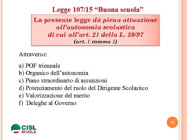 Legge 107/15 “Buona scuola” La presente legge dà piena attuazione all’autonomia scolastica di cui