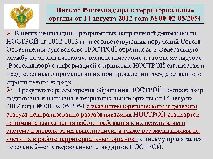 Письмо Ростехнадзора в территориальные органы от 14 августа 2012 года № 00 -02 -05/2054