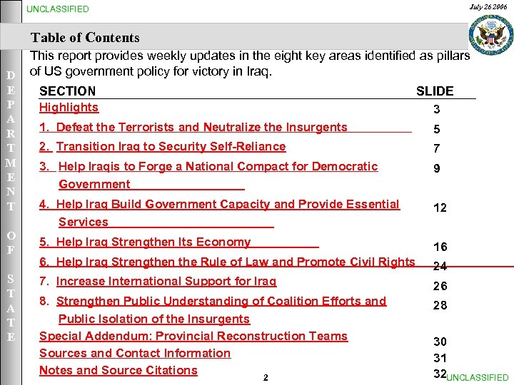 July 26 2006 UNCLASSIFIED Table of Contents This report provides weekly updates in the