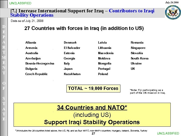 July 26 2006 UNCLASSIFIED [7. ] Increase International Support for Iraq – Contributors to